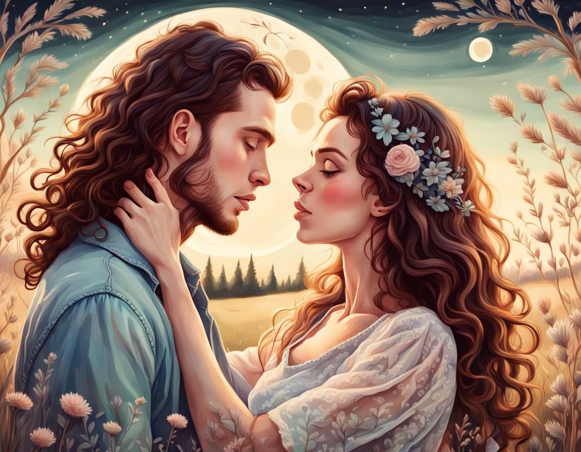 Lovers Kissing Under Moonlight in Cel-Shaded Style