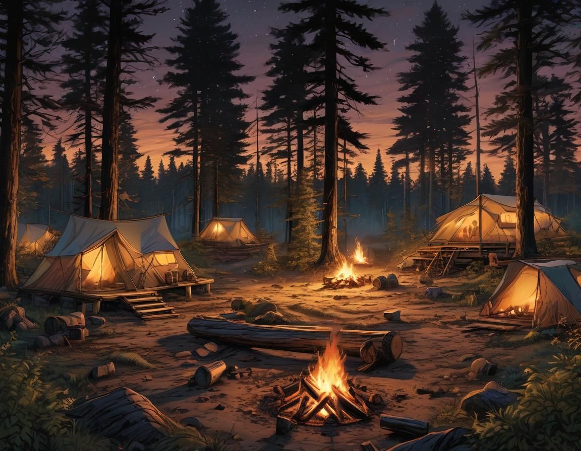 Campsite at Dusk: Comic Book Style Campfire Scene