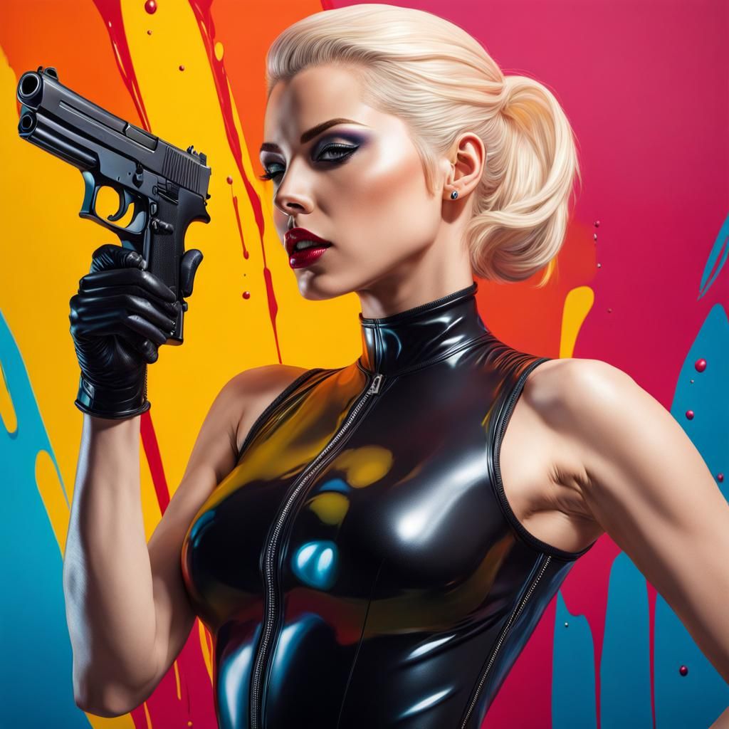 Hyperrealistic Hitwoman in Black Latex Bodysuit