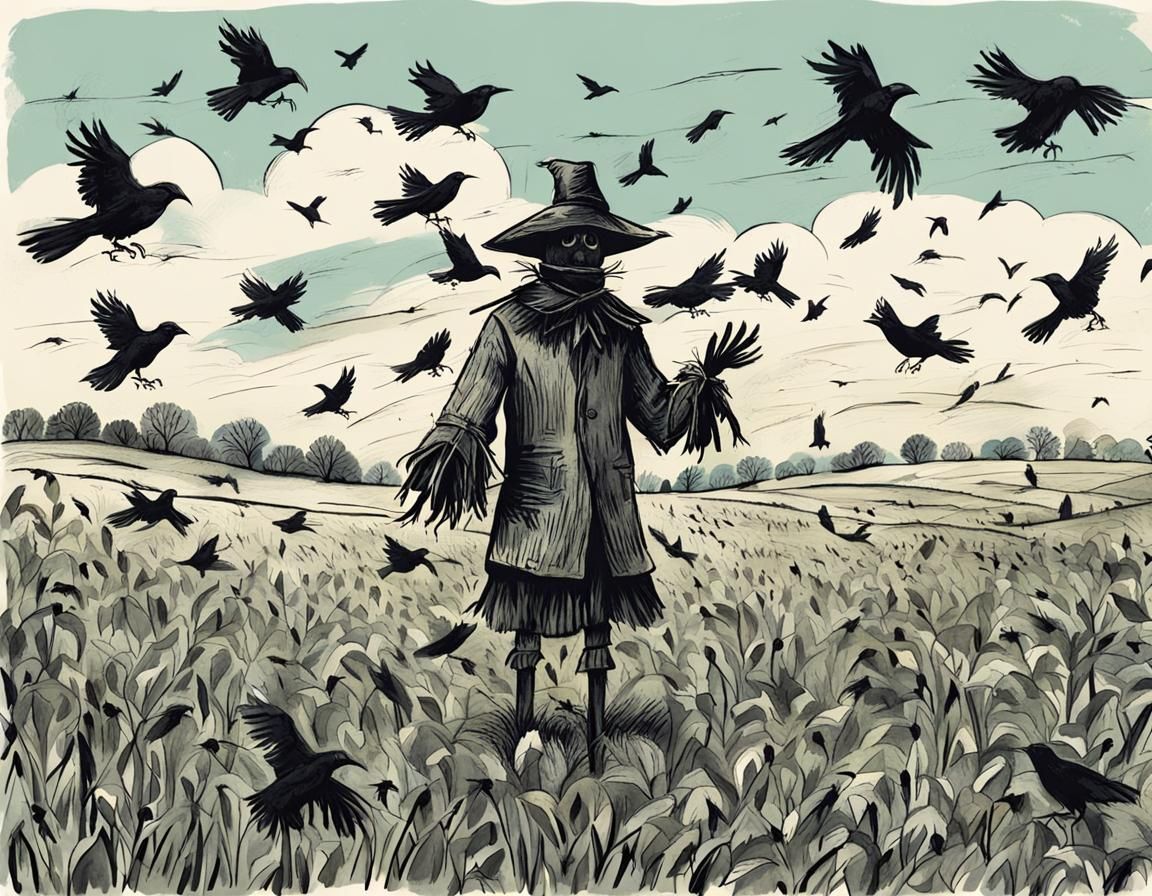 Hand-Drawn Scarecrow Covered in Crows on Spring Day