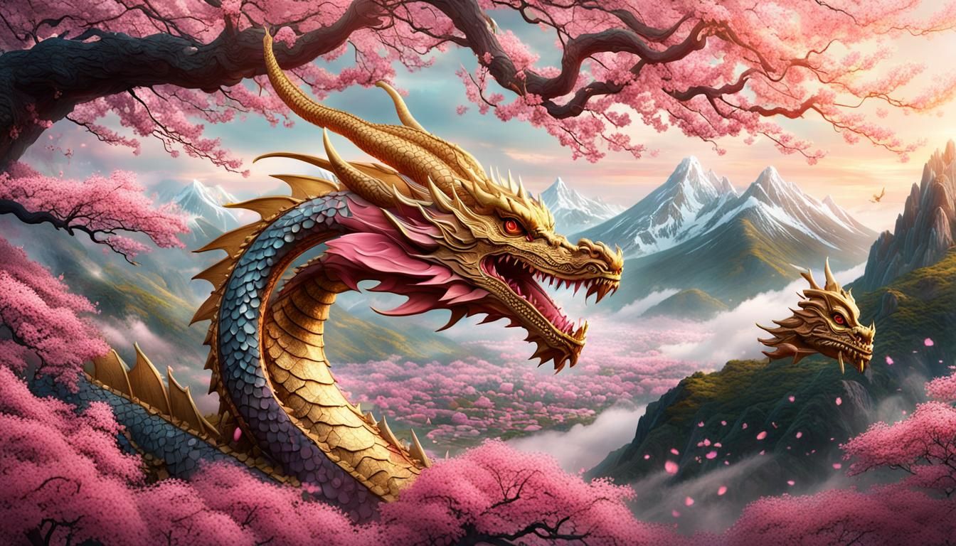 Majestic Cherry Blossom Dragon in Misty Landscape
