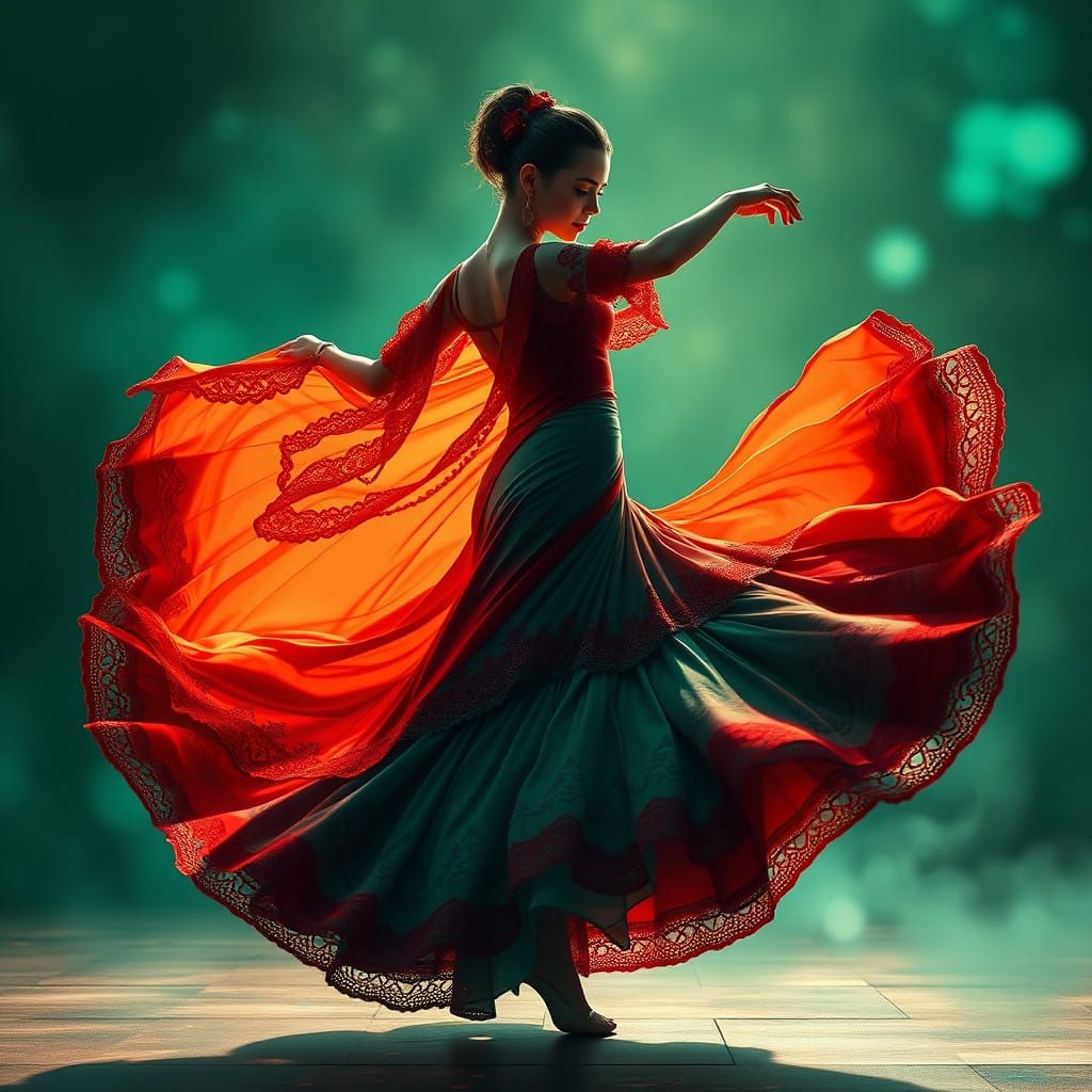 Surreal Flamenco Dancer in Crimson and Emerald