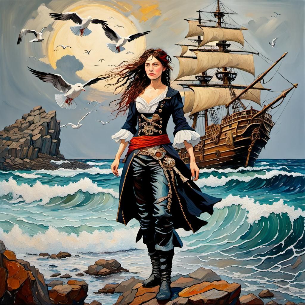Pirate Princess on Rocky Shore in Impasto Style