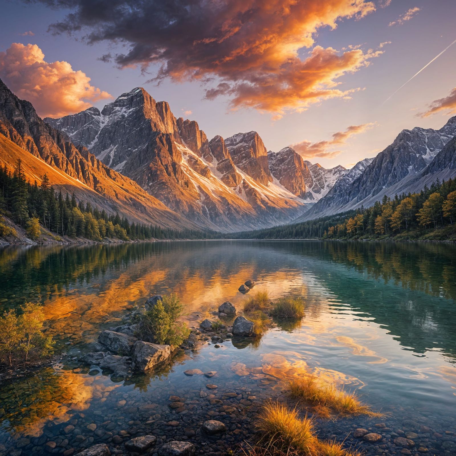 Vibrant Sunset Over Mountain Lake Landscape