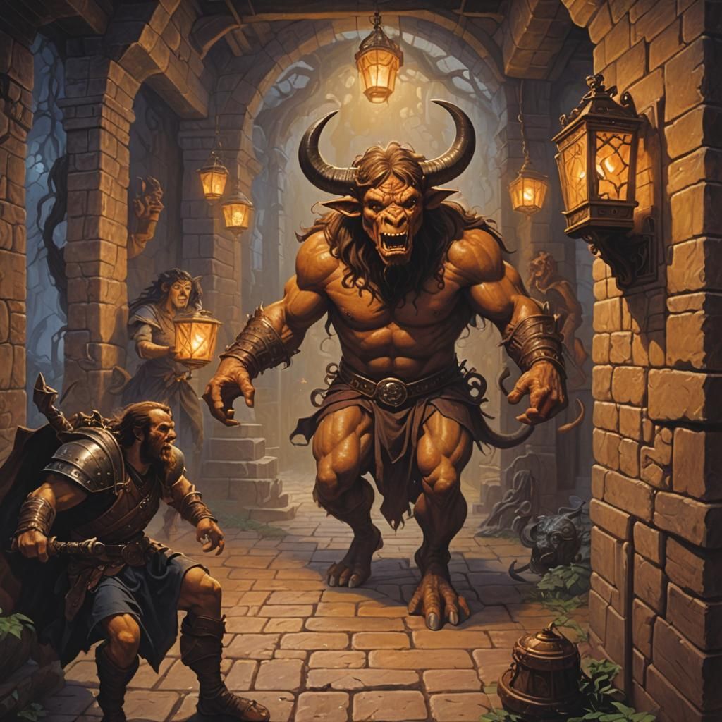 Minotaur in Maze, Hildebrandt Style Oil Painting