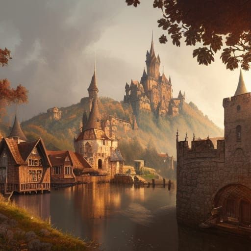 Medieval Castle Town by Lake: Digital Illustration