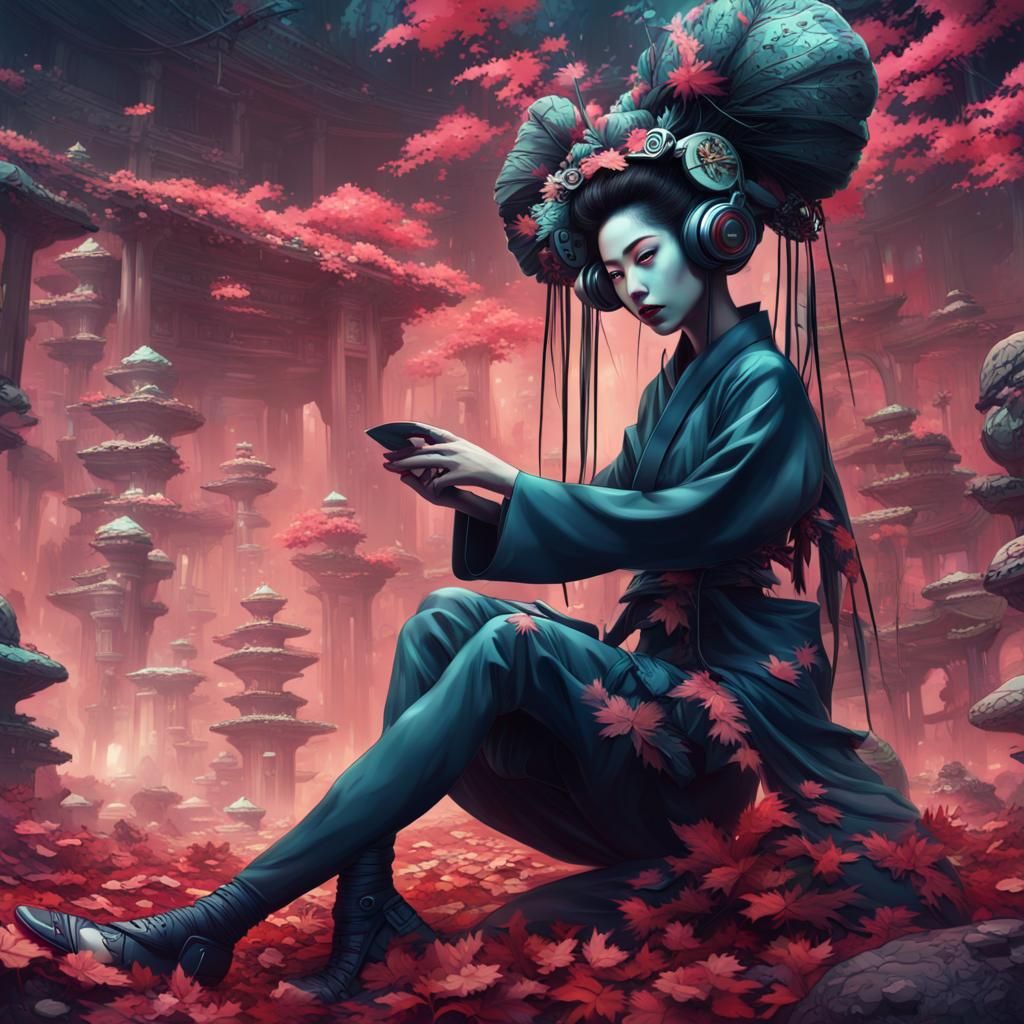 Geisha Cyborg in Futuristic Cityscape