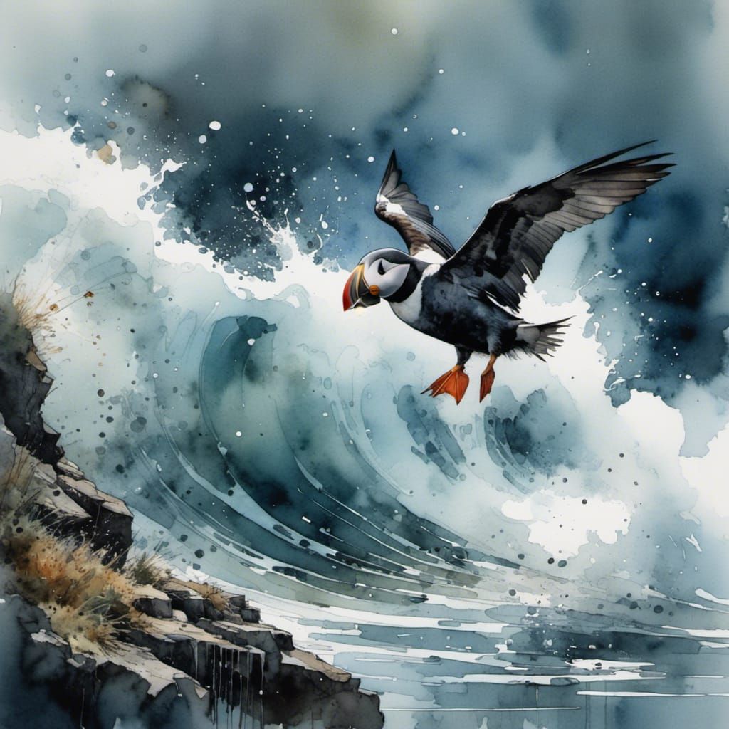 Puffin Captures Fish with Chiaroscuro Lighting