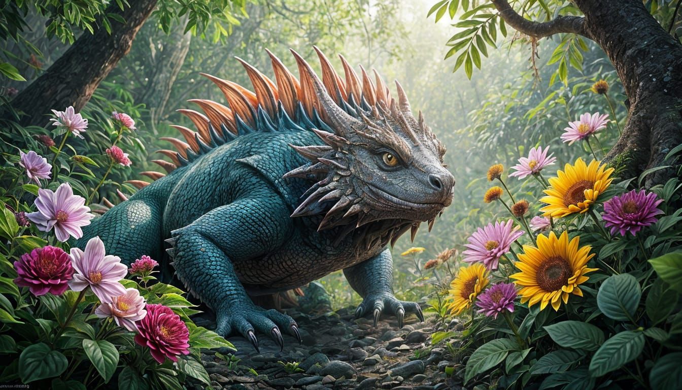 Enchanted Forest Lurker with Floral Trail, Digital Art