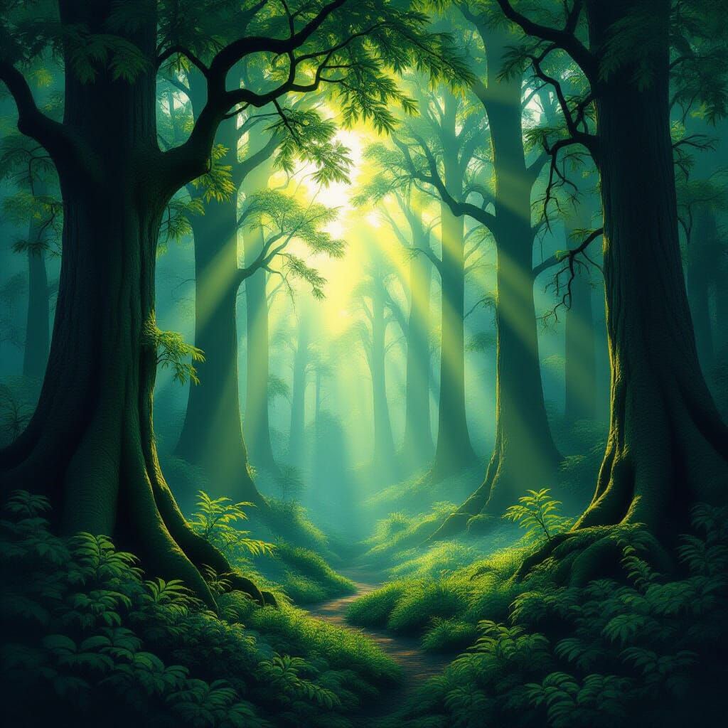 Mystical Forest Bathed in Ethereal Light