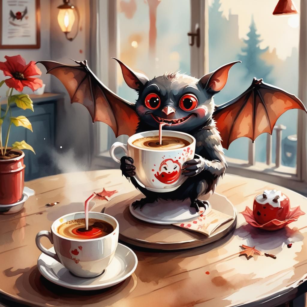 A whimsical bat with big, red round eyes and a sweet, playful smile sitting on a coffee table, sipping hot coffee with a...
