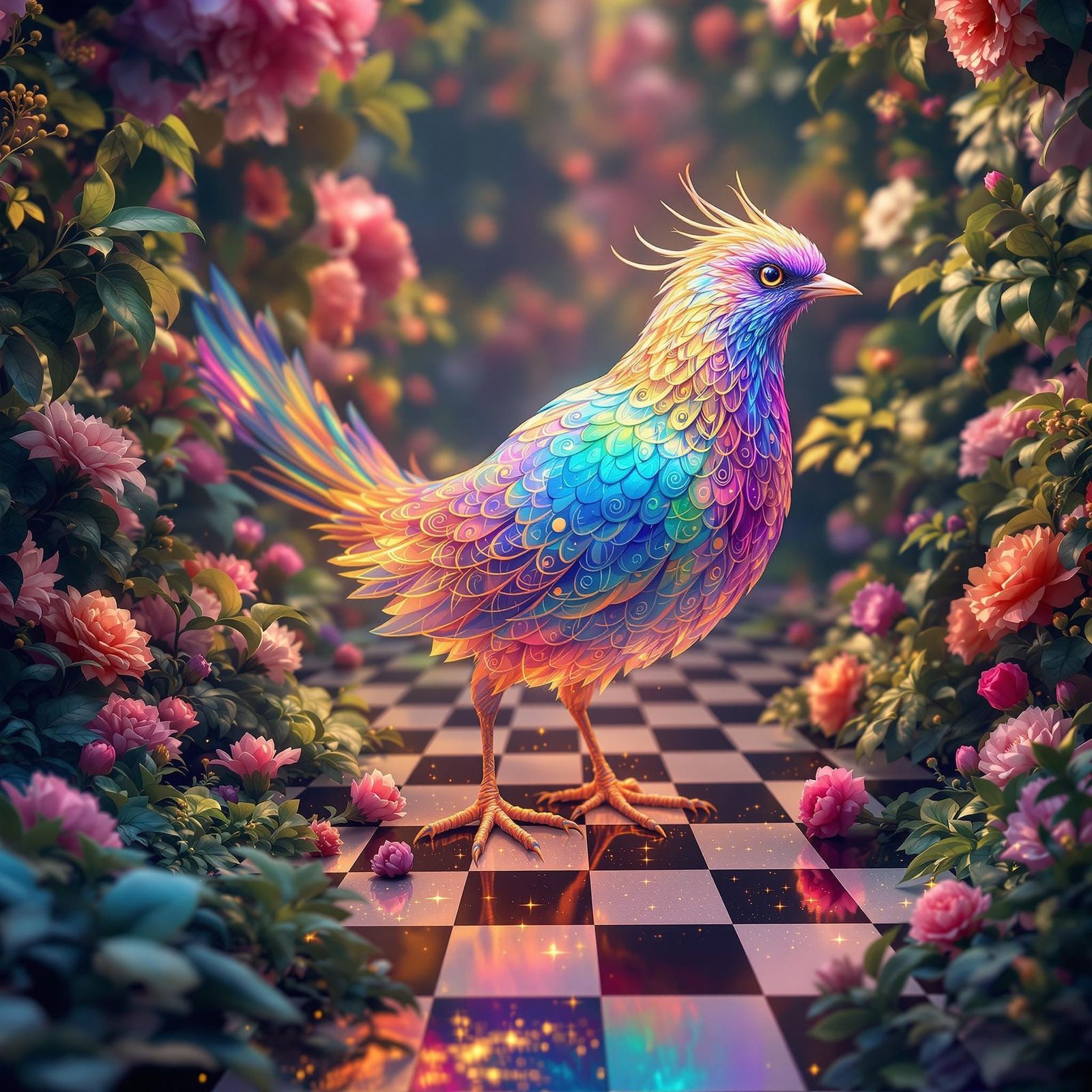 Surreal Iridescent Bird in Escher-Inspired Wonderland