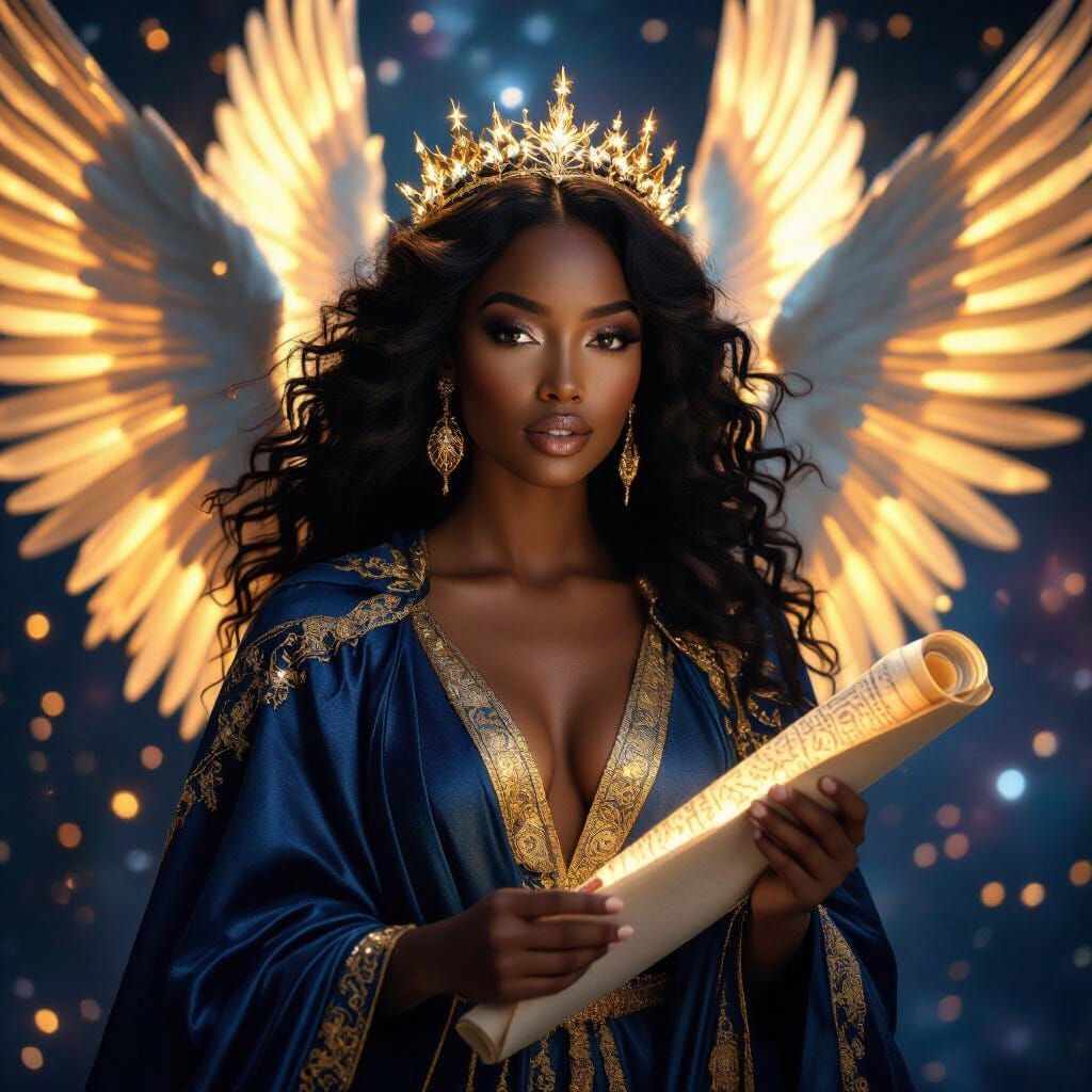 Angelic Woman with Scroll in Vibrant Galactic Scene