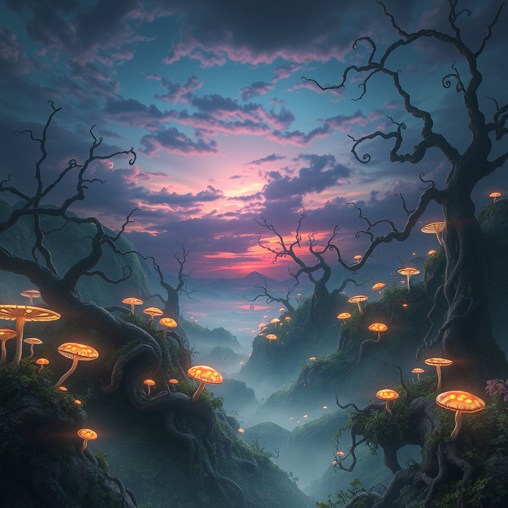 Ethereal Landscape with Glowing Flora in Digital Art Style