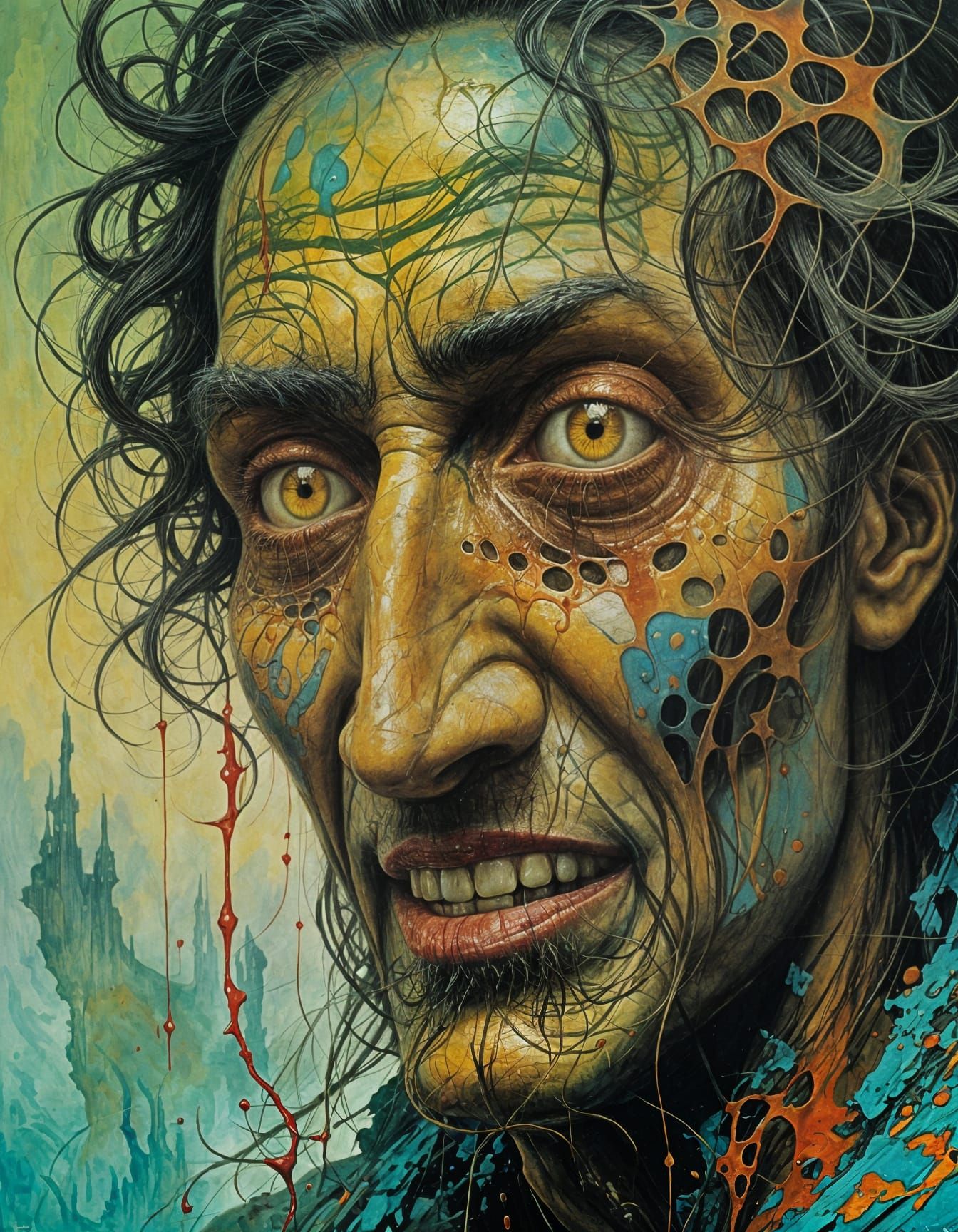 Evil Grin: Abstract Surrealism Portrait in Gouache