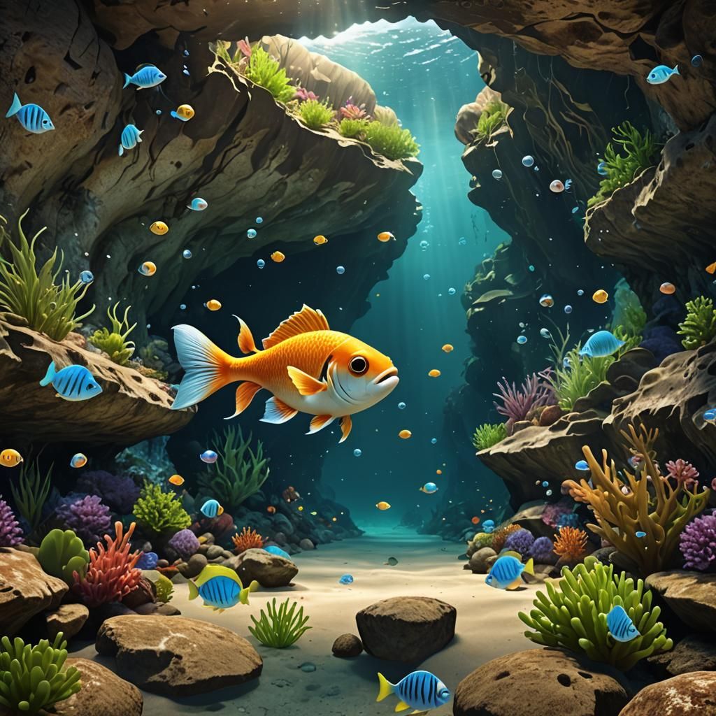 A stunning 3D animated illustration of a happy fish swimming through a subaquatic cave. The fish, with a charming and pl...