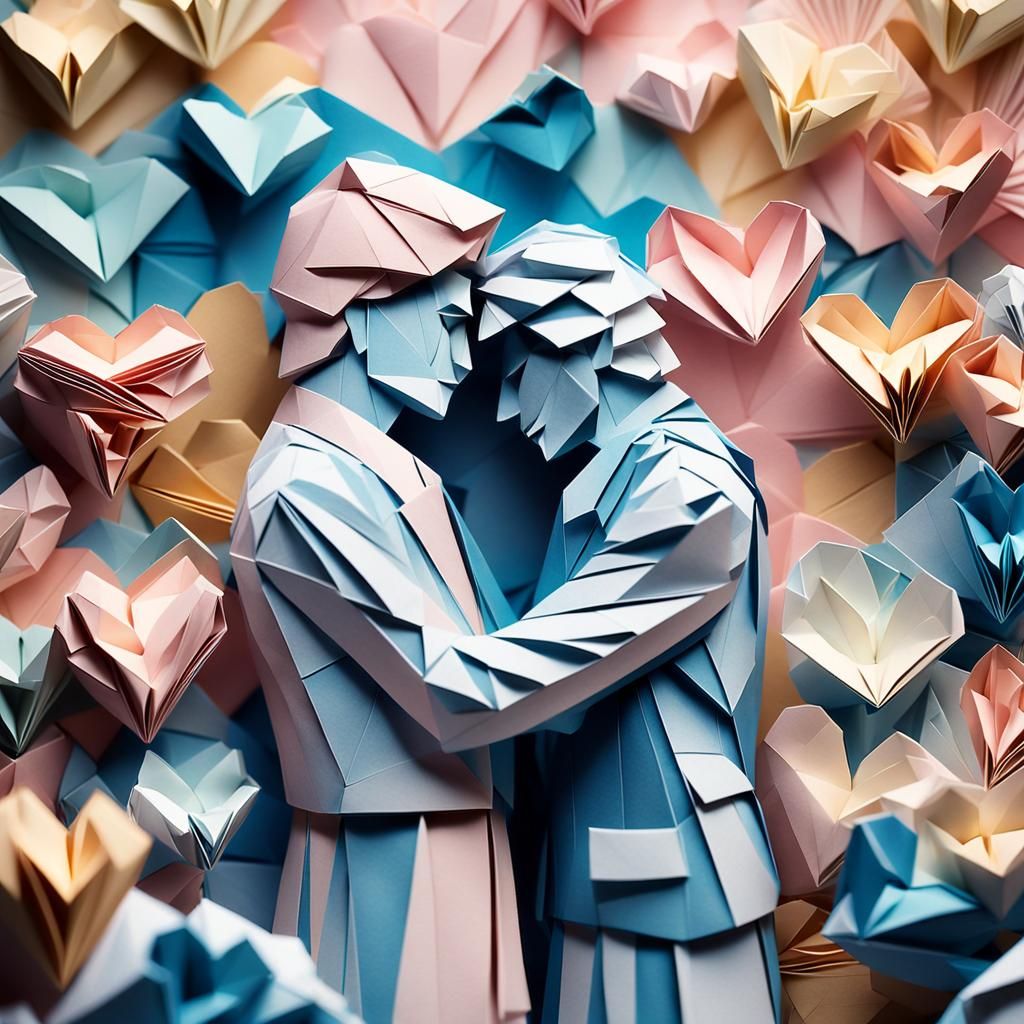Romantic Origami Papercraft of Embracing Men