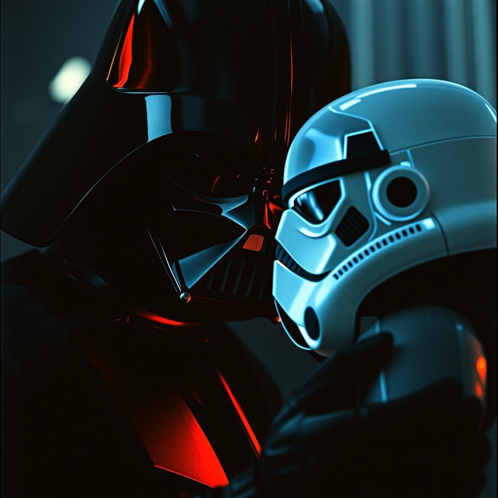 Imposing Darth Vader Examines a Holographic Stormtrooper