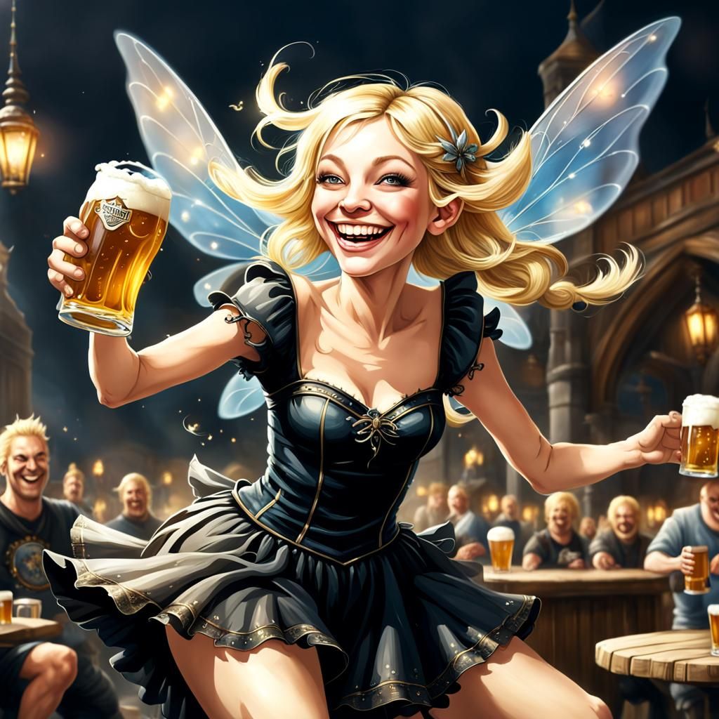 Happy Goth Fairy Flying and Drinking Beer