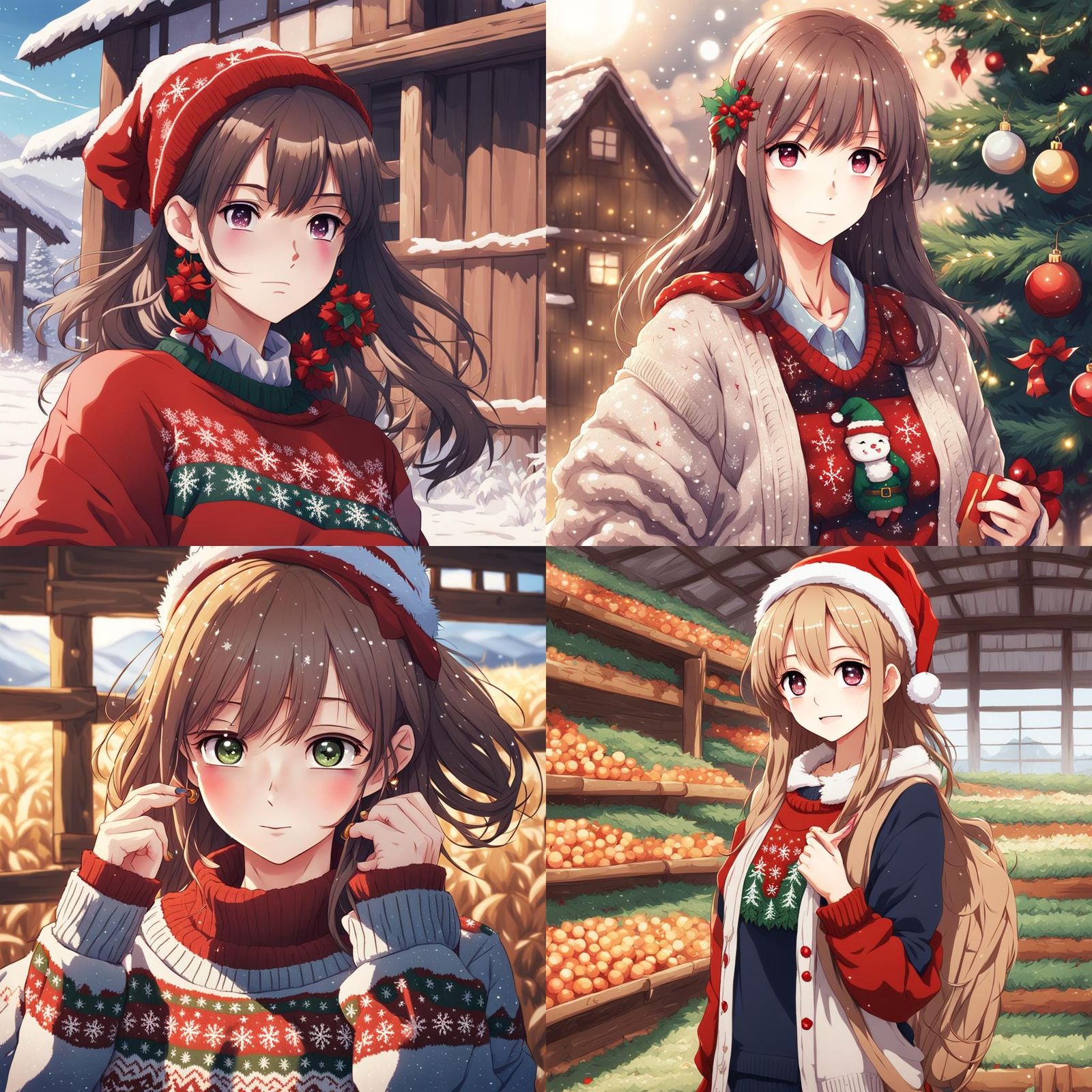 Anime Girl in Christmas Sweater Working on Farm