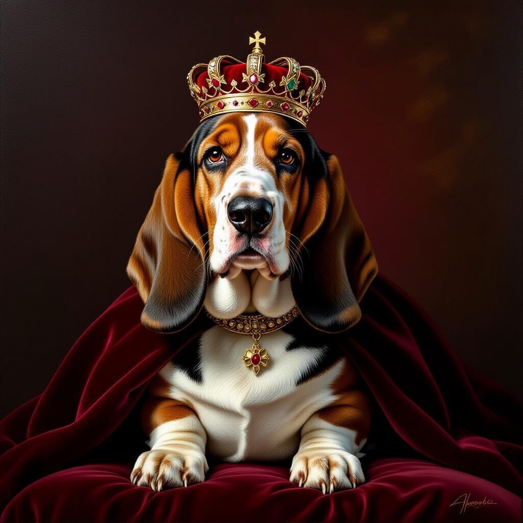 Regal Basset Hound in Oil Portrait Style