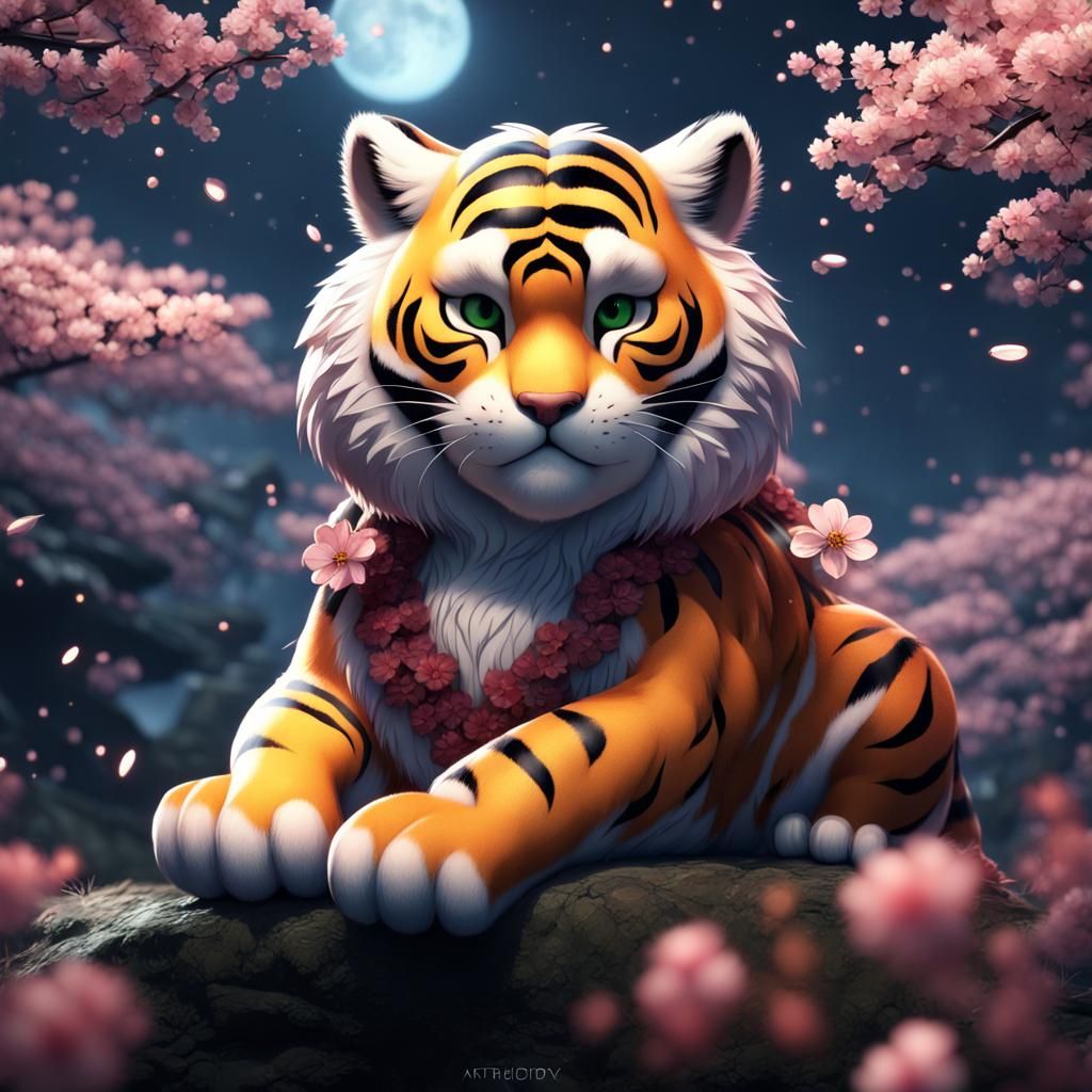 Fluffy Tiger in Japan with Sakura Flowers