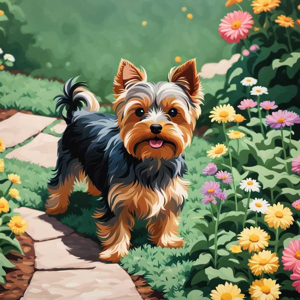 Yorkie in Flower Garden: Retro Impressionism