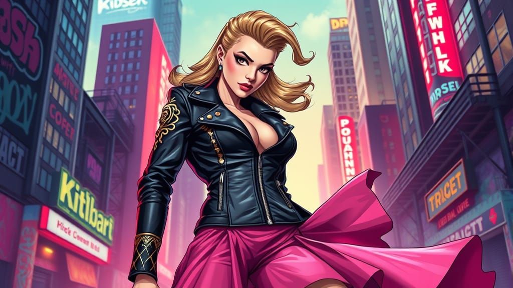 Killer Queen in Neon Cityscape, Comic Book Art