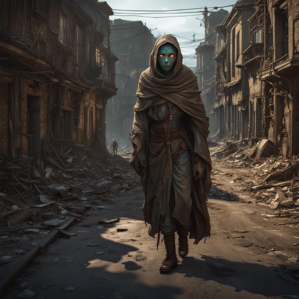 Nightmarish Creature Walks Abandoned Road: Dark Fantasy Art