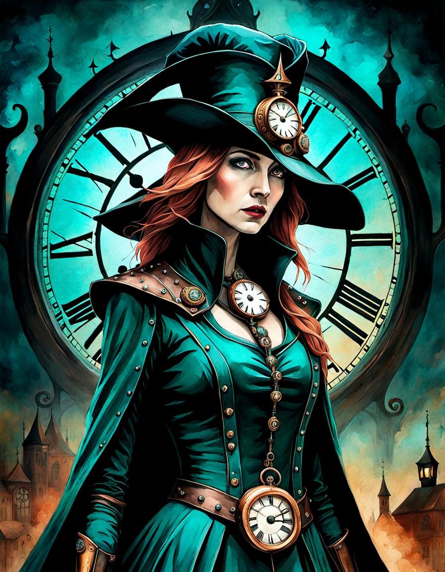 Medieval Plague Doctor with Clock Background in Gouache Styl...