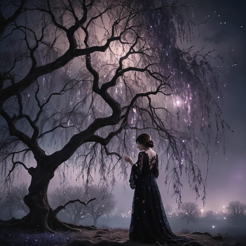 Woman Weeping Under Willow Tree: Ethereal Fantasy Art