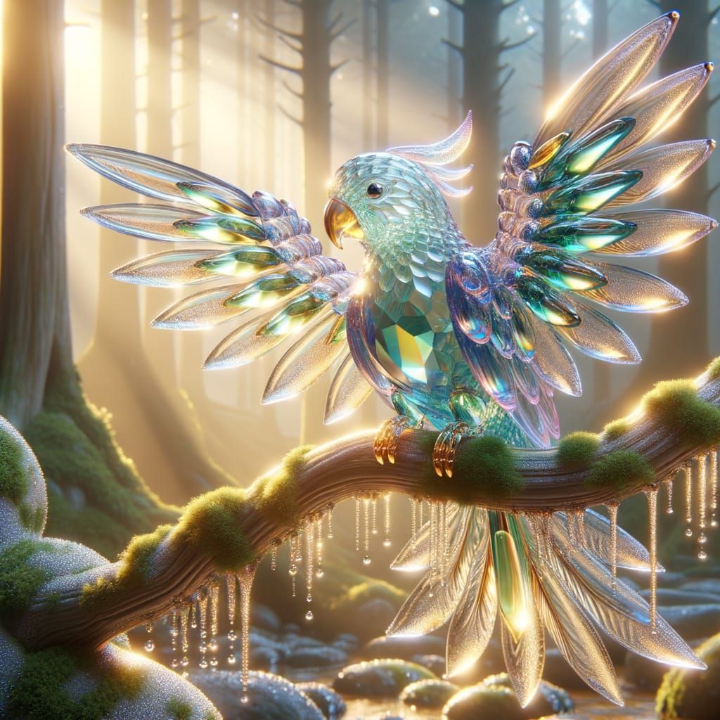 Iridescent Glass Parrot in Enchanted Forest