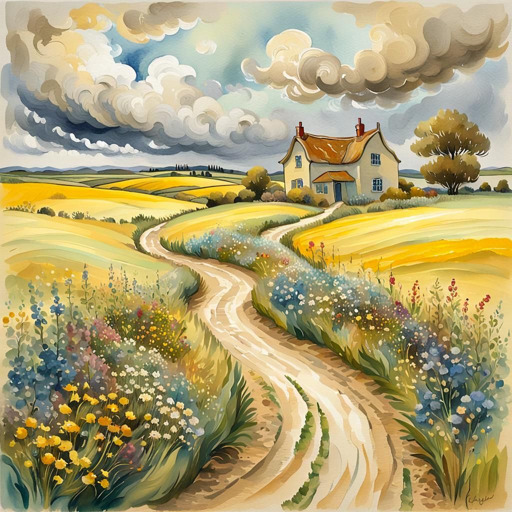 Impressionist Farmhouse Landscape with Wildflowers