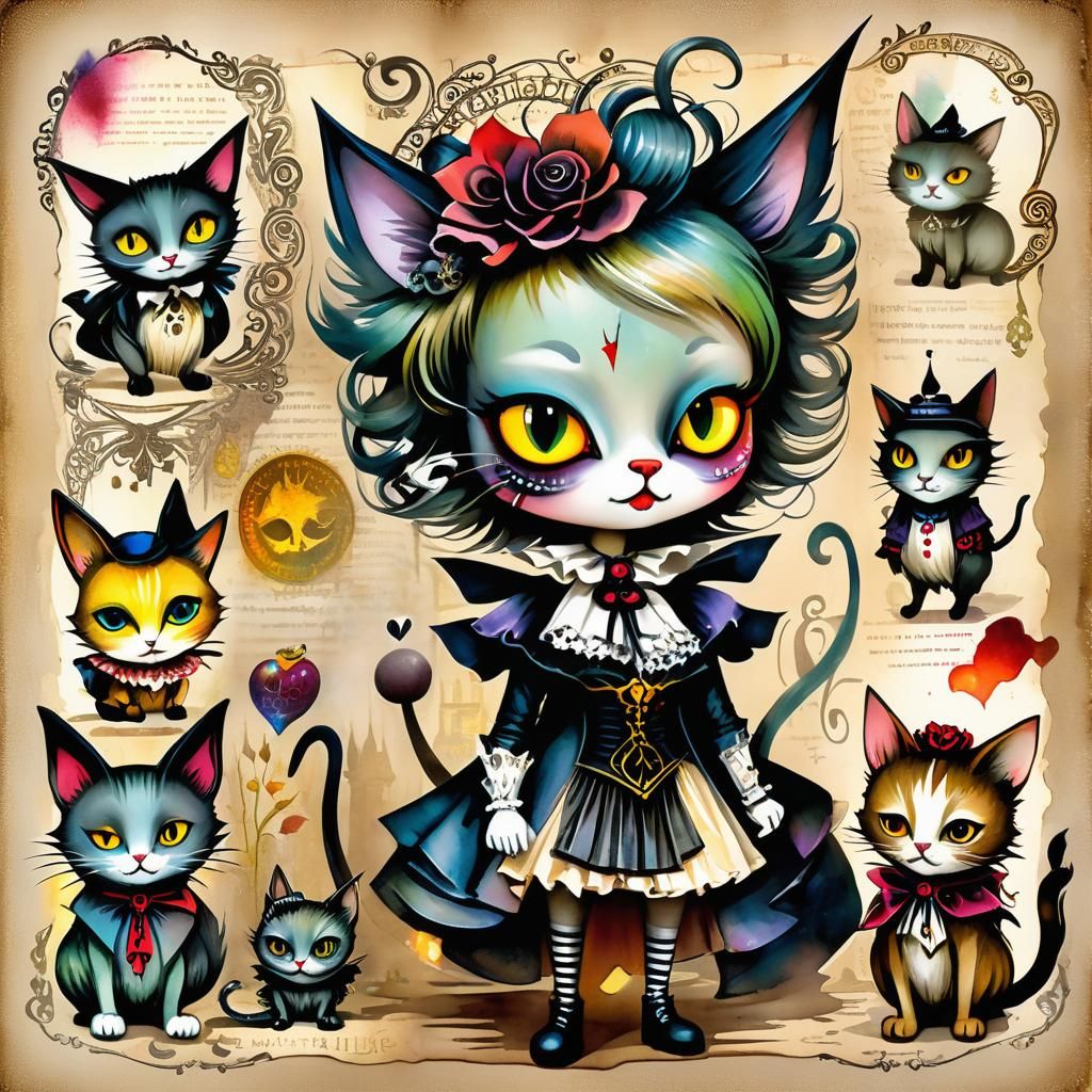 Sinister Cat in Victorian Dress, Chibi Watercolor