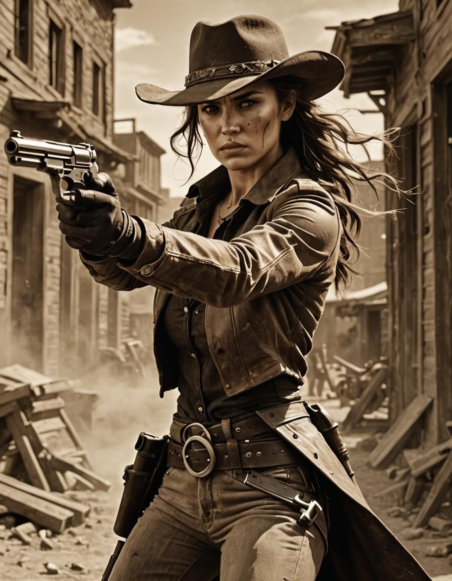 Sepia Action Shot of a Female Outlaw Gunfight