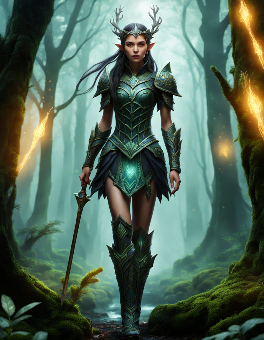 Fantasy Girl in Magical Forest Hyperrealistic Splash Art