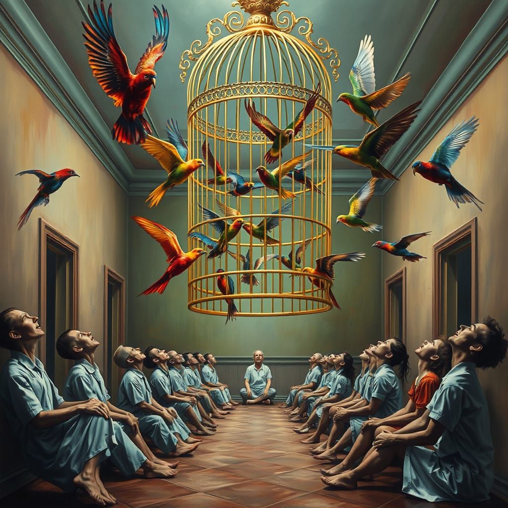 Surreal Golden Cage of Birds in Mental Hospital Room