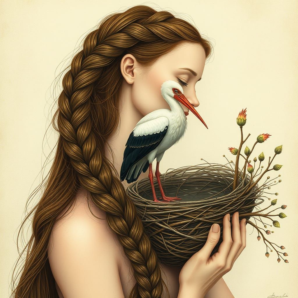 Braided Hair Nest with Stork in Whimsical Style