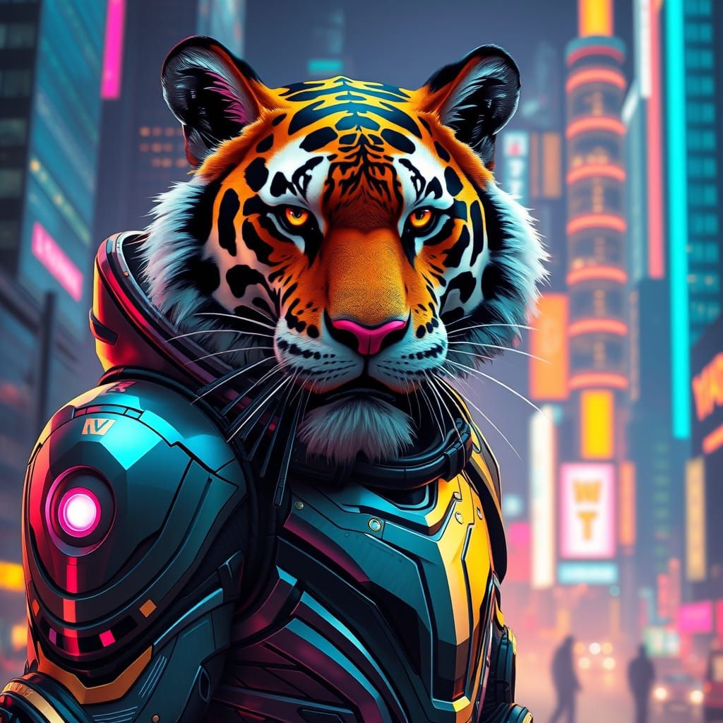 Futuristic Tiger in Exosuit, Neon Cityscape
