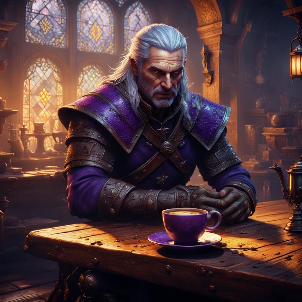 The Witcher Drinking Coffee: Dark Fantasy Digital Art