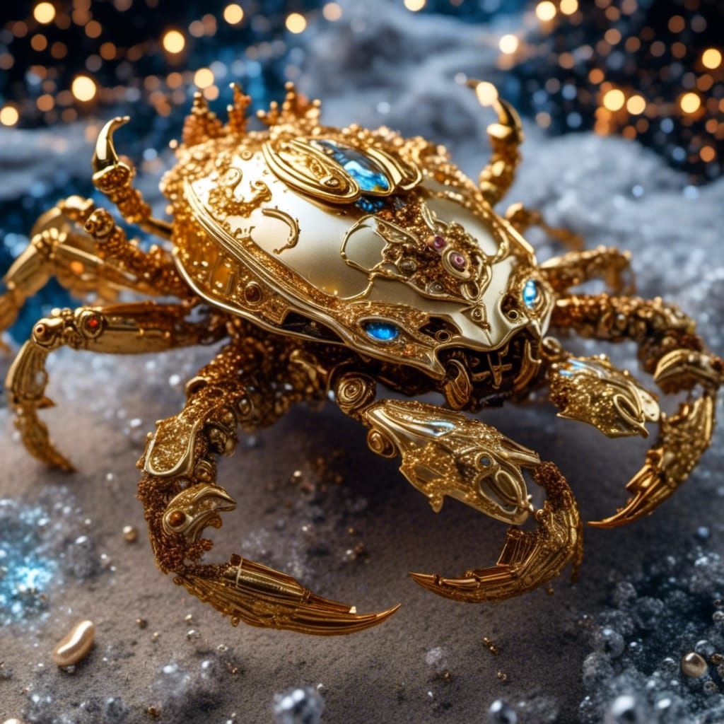 Golden Mechanical Crab in Graffiti Art Style