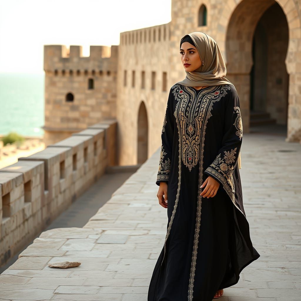 Elegant Woman in Traditional Bahraini Thobe at Bahrain Fort