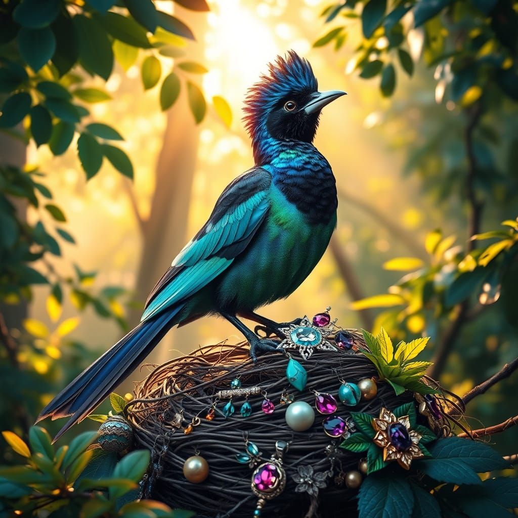 Majestic Magpie in Emerald, Sapphire, and Amethyst Feathers,...
