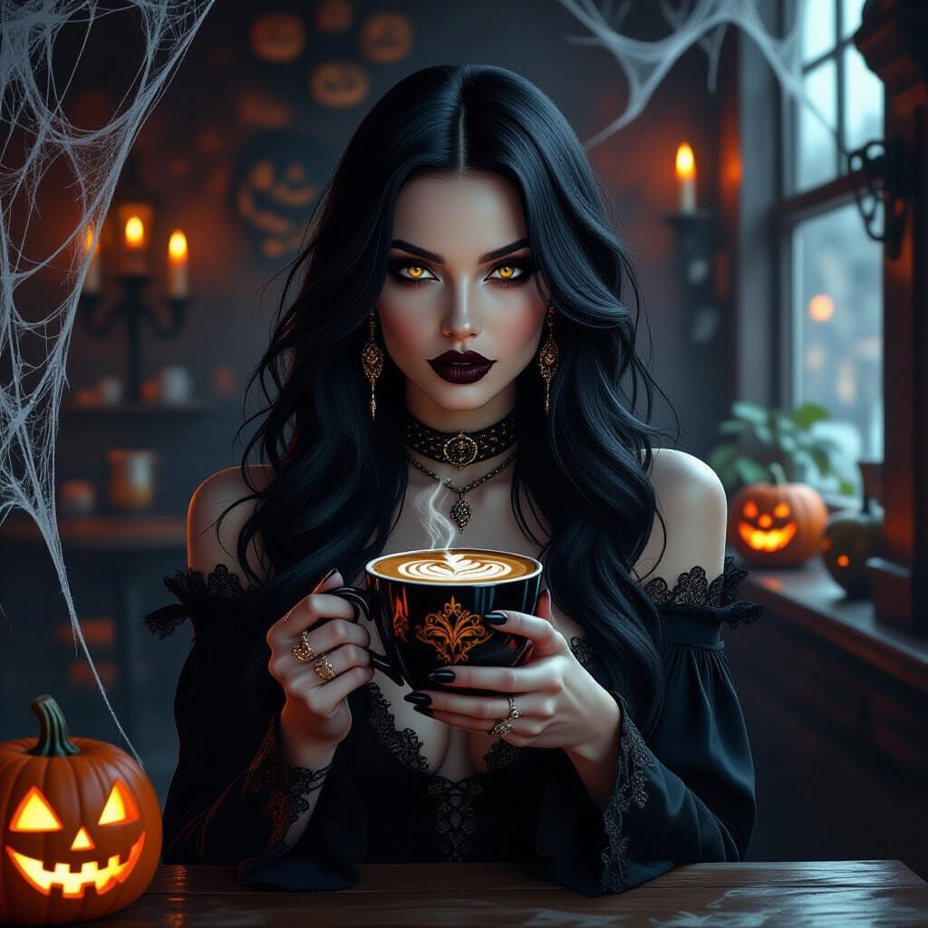 Goth Fashion Model with Halloween Latte