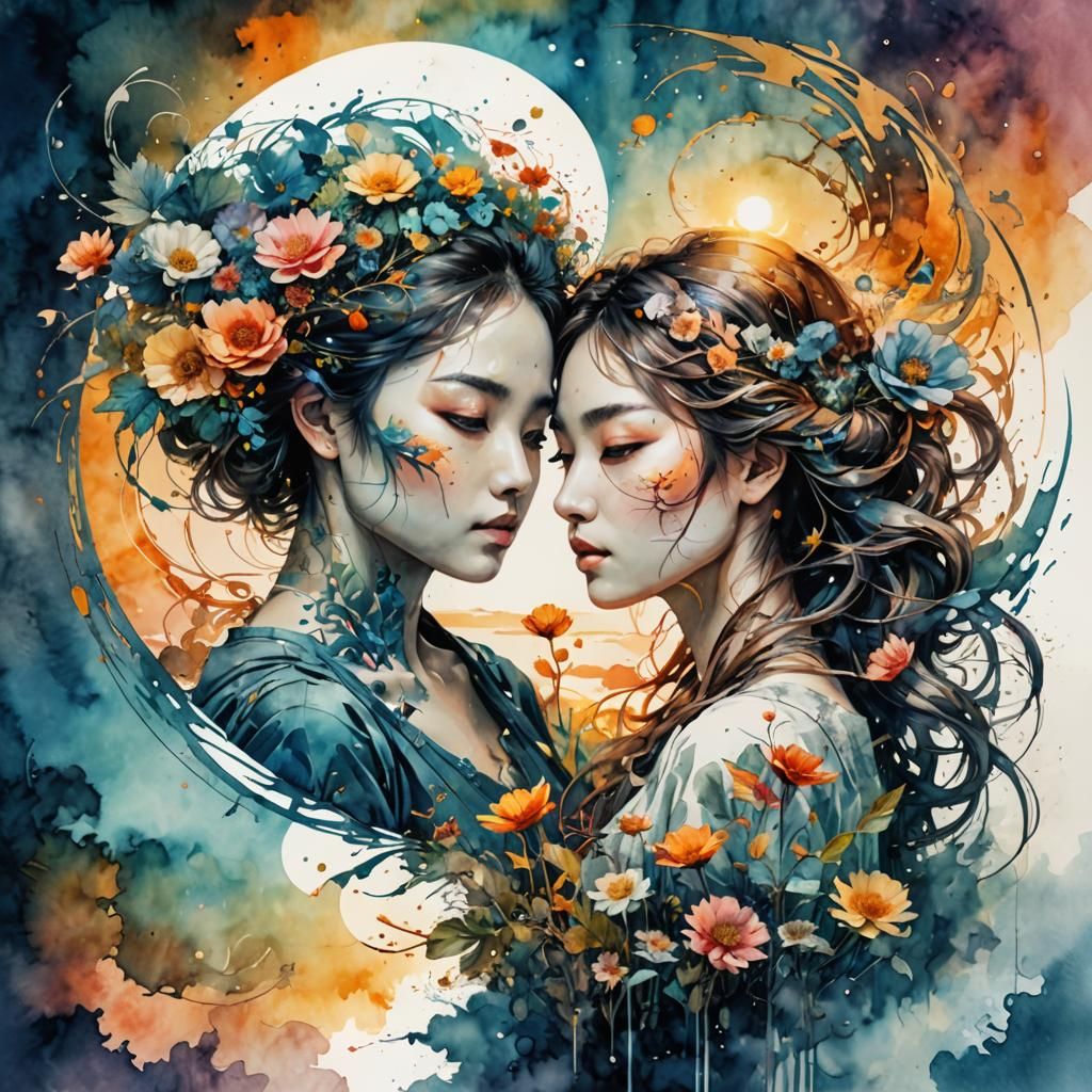 Yin Yang Summerscape: Digital Watercolor Double Exposure