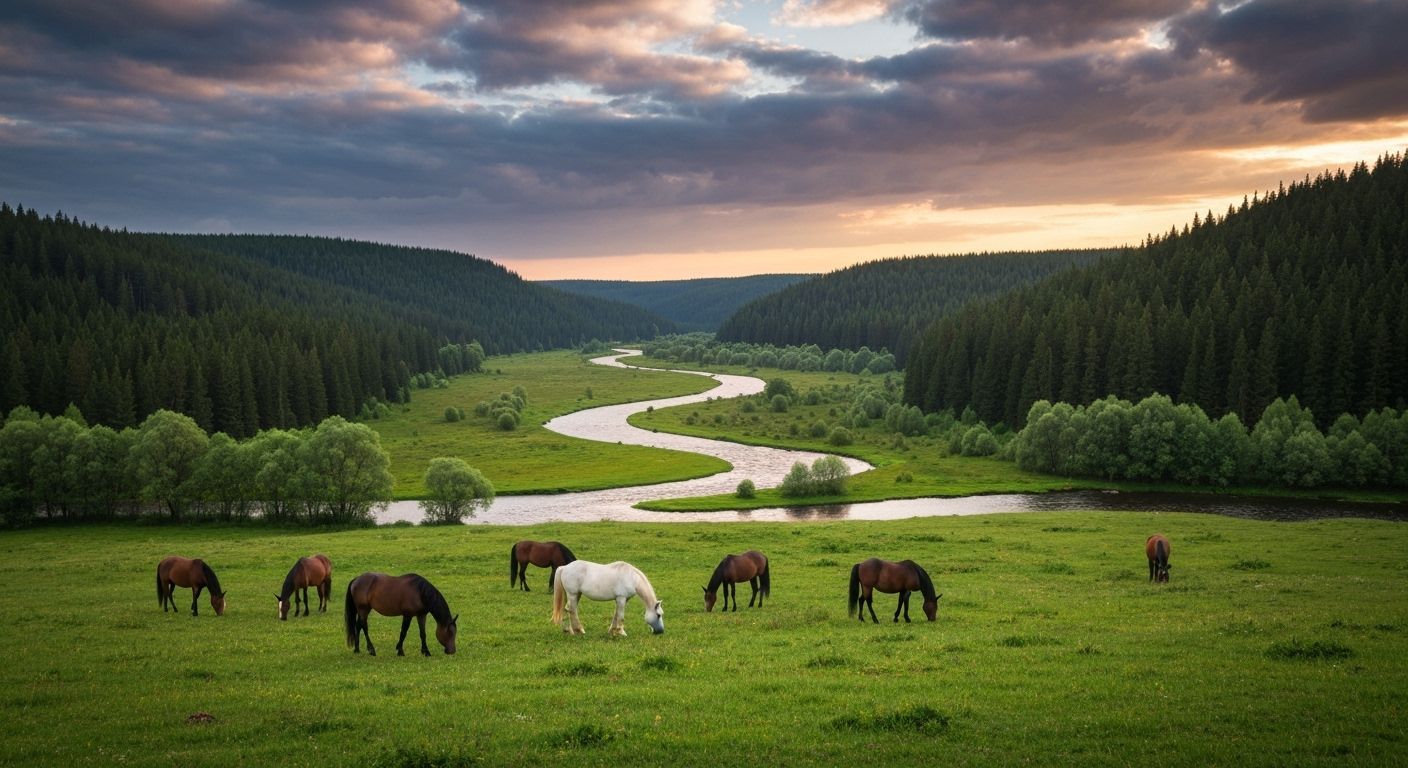 Horses Grazing in Lush Meadow at Sunset