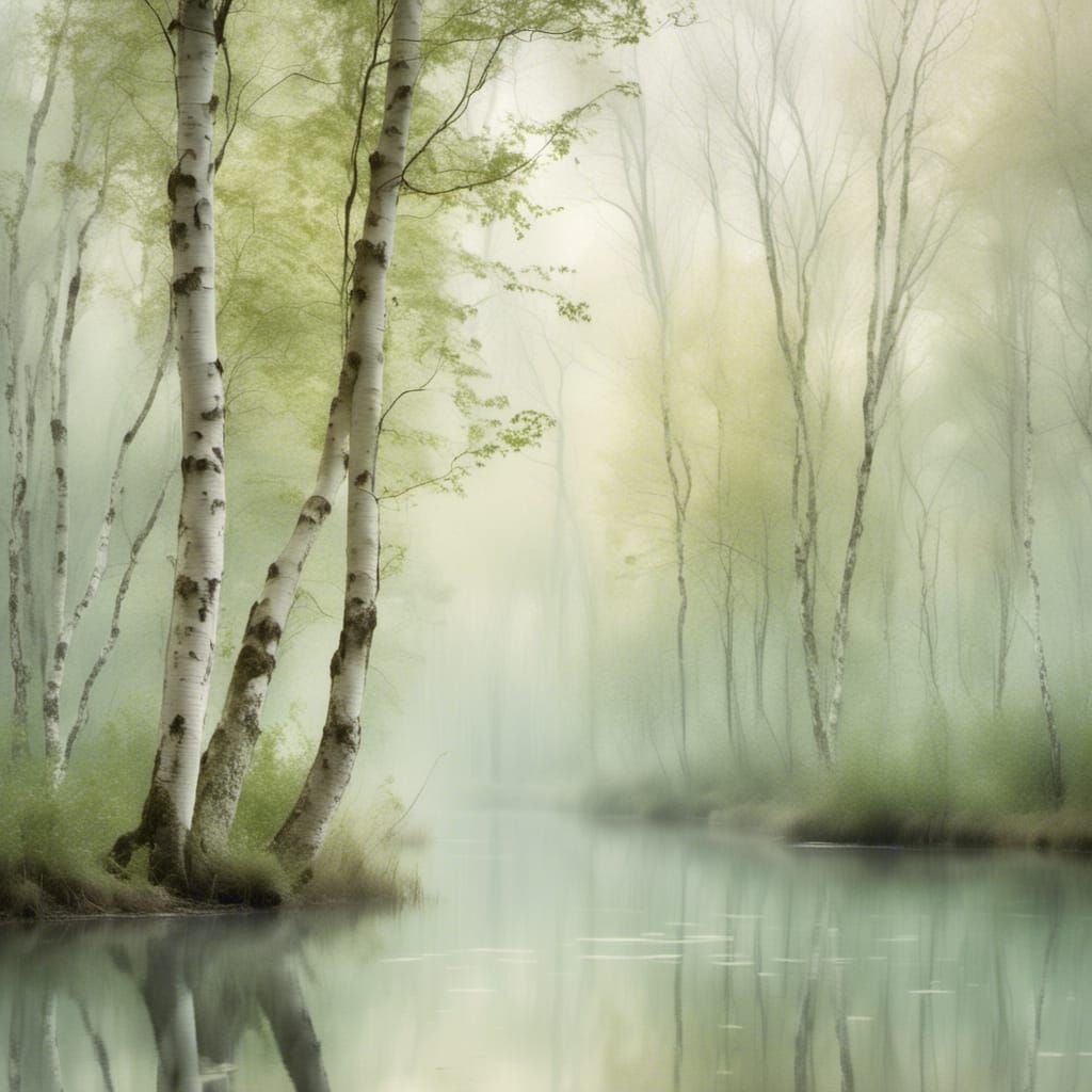 Ethereal Misty Swamp with Pale Trees and Hawk