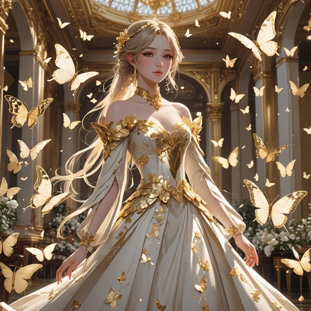 Elegant Anime Girl in Gold Gown with Butterflies