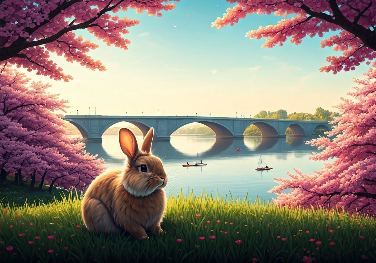 Serene Rabbit Amidst Sakura Cherry Blossoms Near Memorial Br...