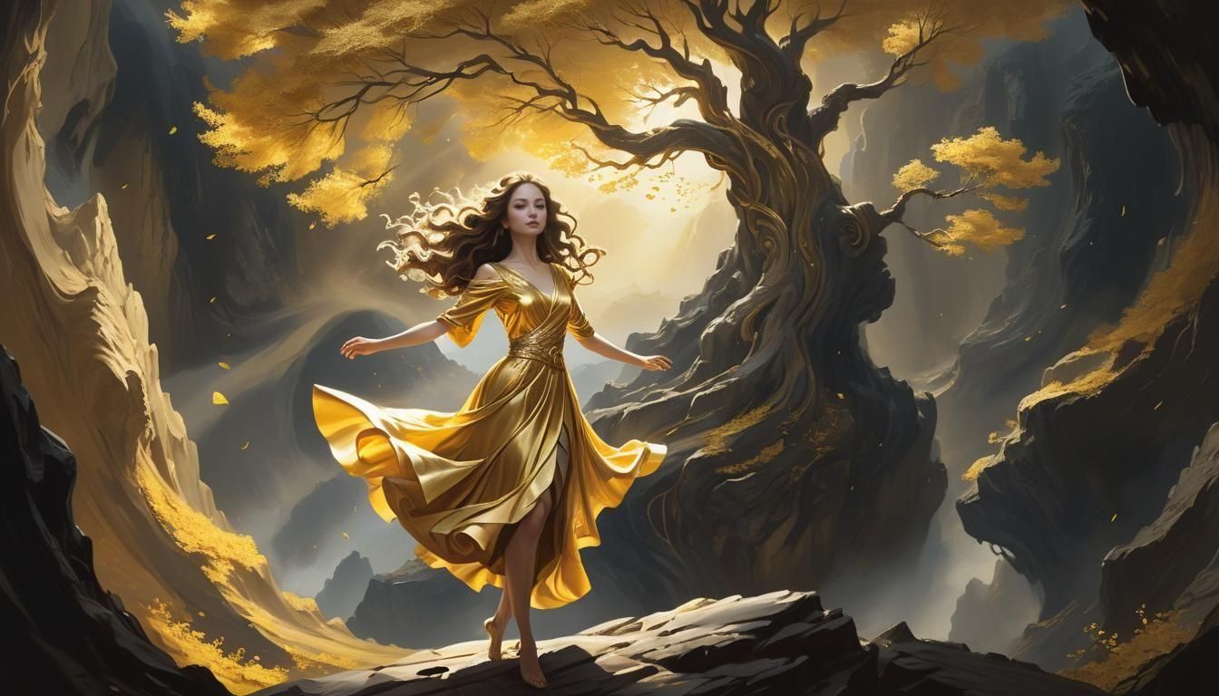 Golden Girl Dancing Before Ancient Tree